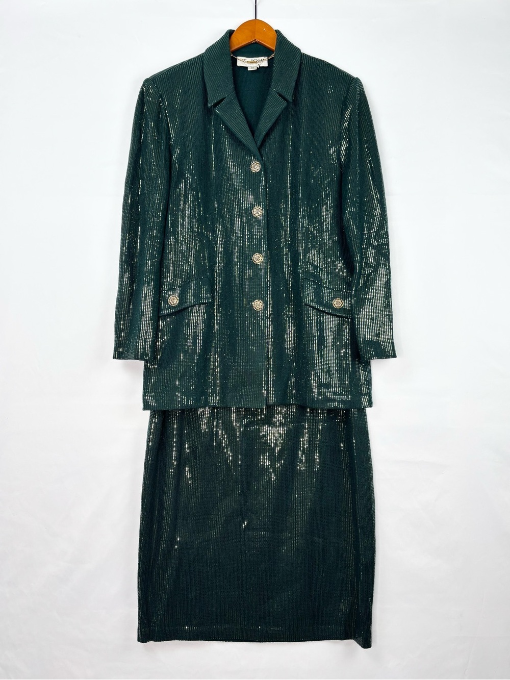 Vintage St John Couture Blazer Skirt Set Dark Green Sequin Size 14 USA Plus